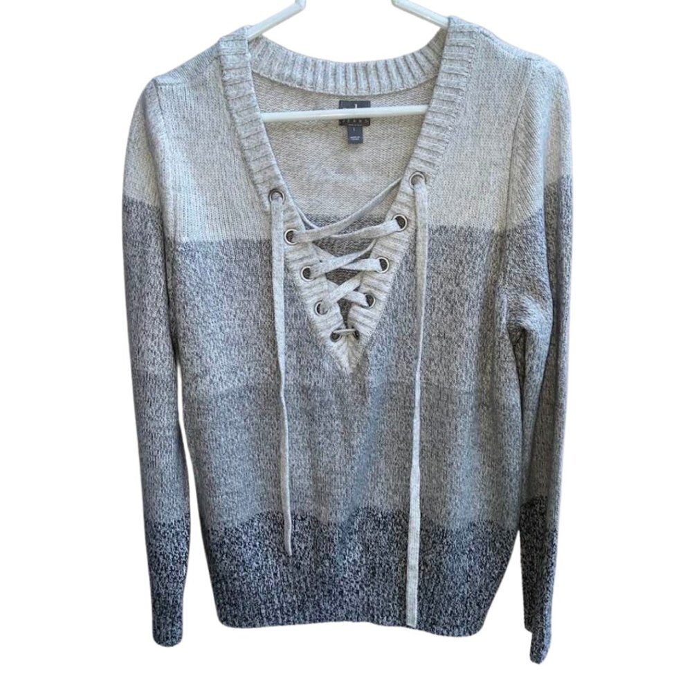 SOHO Jeans Super Cute Colorblock Lace Up V-Neck Sweater - Size Large